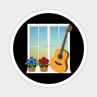 Acoustic Guitar Leaning Against Window with Flowers Magnet